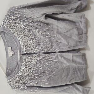 Kinross Cashmere Beaded Cardigan Sweater Gray